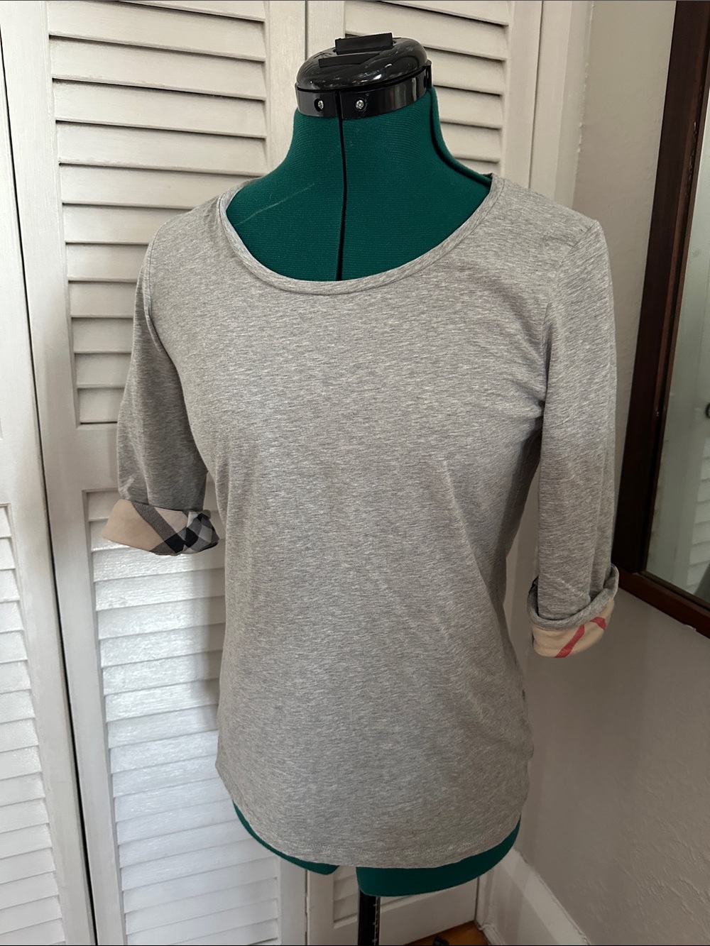 Burberry Grey Long-Sleeve Roll-Tab Tee with Signature Plaid Trim